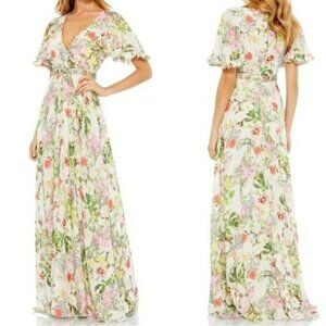 Mac Duggal Floral Beaded Flutter Sleeve Formal Gown Long Maxi Dress NWT Size 4